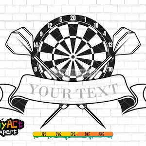 Może przedstawiać: Czarno-biała ilustracja tarczy do rzutków z dwoma strzałami skrzyżowanymi z tyłu. Baner z tekstem "YOUR TEXT" jest owinięty wokół strzał i tarczy.