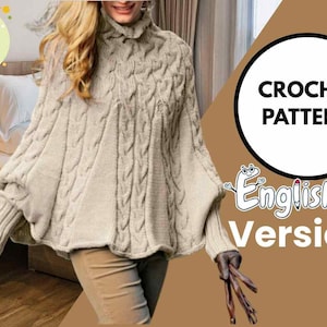 May include: A crochet pattern in English for a beige cable knit poncho. The pattern is available as a PDF download.