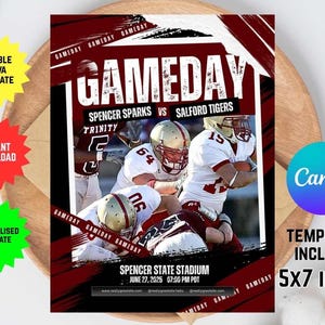 Könnte beinhalten: Ein Football-Spieltag-Flyer-Template mit dem Text "GAMEDAY". Der Flyer zeigt Footballspieler, die Teams Spencer Sparks gegen Salford Tigers und das Datum 27. Juni 2025. Die Vorlage hat die Maße 12,7 x 17,78 cm.
