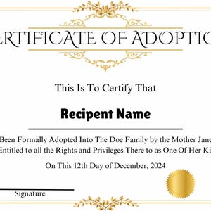 Editable Adoption Certificate Template, Certificate of Adoption to Our Family, Child Adoption Certificate, Stepmother Gift Certificate