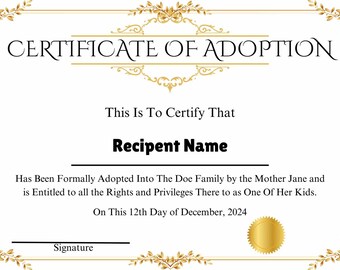 Certificate of Adoption to Our Family. Editable Printable Adoption ...
