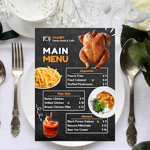 Restaurantmenusjabloon, canvassjabloon, bewerkbaar menu, prijslijst, menu op a4-formaat, cafémenu, restaurantontwerp voor ontbijt en diner