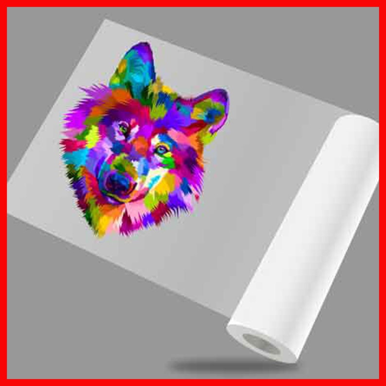 May include: A colorful abstract wolf illustration printed on a white roll of transfer paper. The wolf is depicted in a vibrant palette of pink, purple, blue, green, and yellow.