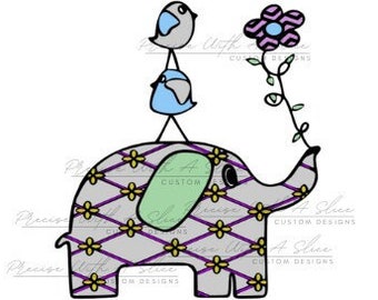 Customizable Cute Elephant and Bird SVG with Flower Design | Animated Animal Cut File | Elephant Bird Digital Downloadable Print or SVG