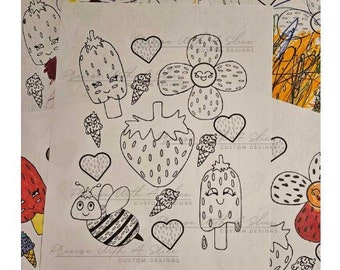 Strawberry Coloring Page For Adults and/or Children | Childrens Fruit Coloring pages | Bulk Coloring Pages for Childrens Party | Happy Fruit