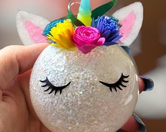 Unicorn Christmas Ornament 3D, Christmas Rainbow Unicorn, Sparkly White Unicorn with Rainbow Flowers Ornament For Tree, Glass or Plastic