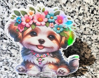 Cute dog Sticker, Permanent Dog Sticker for Cup Journal Scrapbooking, Dog with Flowers Decal, Dog Sticker for Tumbler, Dog Sticker Sheets