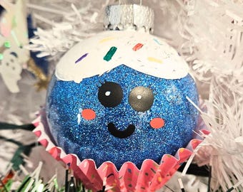 Cupcake Christmas Ornament, Sparkly Glittered Cupcake Bauble In Any Color, Dessert Seasonal Holiday Decor