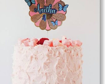 Pink and Gold Flower and Butterfly Name and Age Cake Topper - 6 Inches Wide | Customizable Cake Topper | Personalized Party Decor