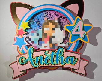 Rainbow Cake Topper with Any Image For Birthday Cake, 3D Six Layered Confetti Shaker with Cat Ear For Dessert with Name Age and Custom Image
