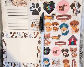 Dog Stationary Set With Notepads Sticker Sheet and Customized Pen, Puppy Paper Kit, Animal Desk Kit, Mans Best Friend Paper Tearaway Paper