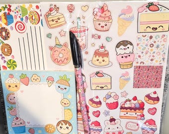 Dessert Themed Stationary Set, Sweet Treat Notepad Set With Sticker Sheet and Customized Pen, Adorable Food Paper Set