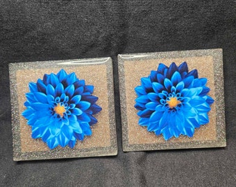 Stylish Sparkly Grey Coasters with Beautiful Blue Flower Design - Set of Square Drink Mats - 2.5 inches pack of 2 or 4  Customizable coaster