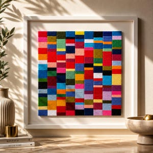 May include: A square wall art piece featuring a grid of vertical fabric strips in a vibrant array of colors including red, blue, yellow, green, orange, purple, black, and white. The artwork is encased in a simple white frame with a deep mat border.