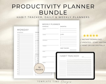 Minimalistischer Produktionsplaner Printable | Sauberer Digitaler Planer Bundle | Tages-, Wochenplaner & Habit Tracker | Undatierter Planer PDF