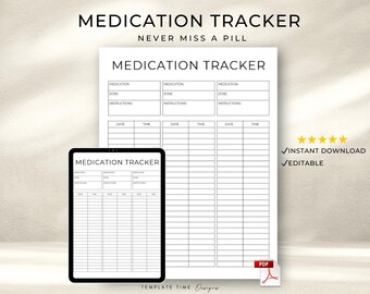 Medikamenten-Tracker | Tablettenprotokoll (PDF zum Ausdrucken) | Medikamentenplaner für Pflegepersonen | Bearbeitbarer Medikamentenplan | Sofort-Download