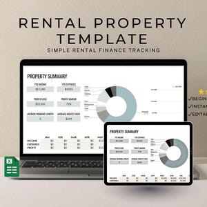 May include: A laptop and tablet display a rental property template with financial data, including income, expenses, and profit margin. The screen shows a pie chart and a table with monthly figures. Text at the top reads "RENTAL PROPERTY TEMPLATE".
