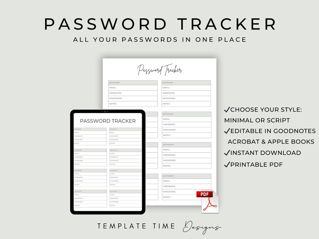 Printable Password Tracker Template PDF | Digital Password Log ...