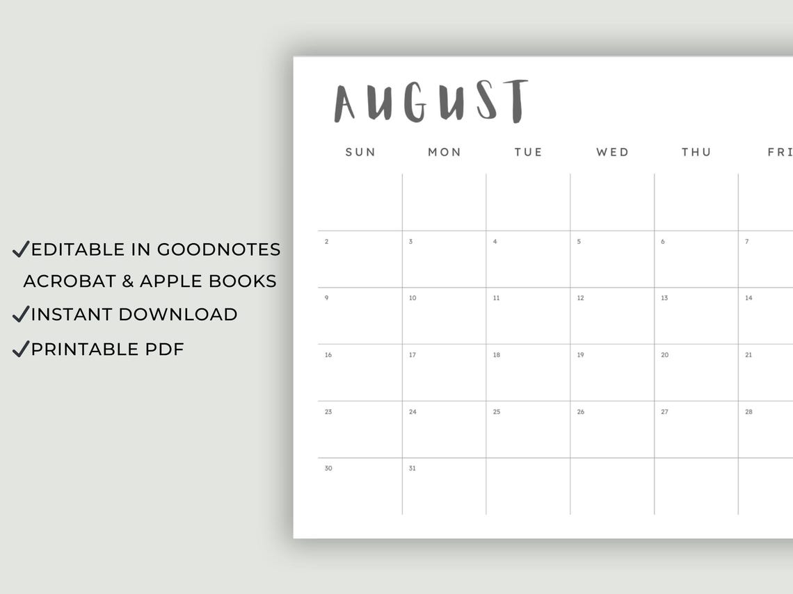 Months Chart Clean Monthly Calendar Printable | Clean Planner | Simple Productivity ...