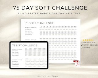 75 Soft Challenge Tracker zum Ausdrucken | Minimalistischer Fitness-Gewohnheitstracker, bearbeitbares PDF für iPad & Druck