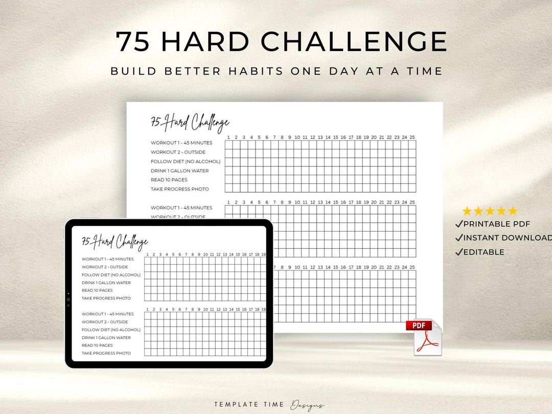 75 Hard Challenge Tracker Printable | 75 Day Habit Tracker PDF | Cute ...