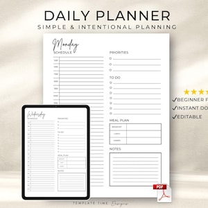 Daily Planner Printable | Minimalist Daily Schedule, Priorities & To-Do List | Editable Digital Planner PDF for iPad | Instant Download