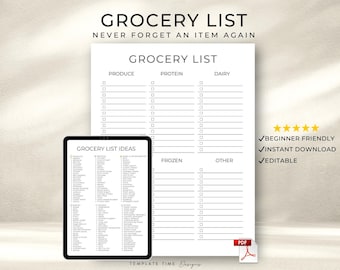 Druckbare Einkaufsliste Vorlage PDF | Bearbeitbare digitale Einkaufsliste für GoodNotes, Apple Books & Acrobat | Wöchentlicher Essensplaner zum Downloaden