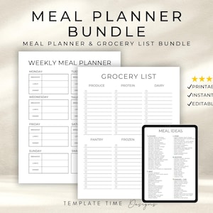 Weekly Meal Planner & Grocery List Bundle | Modern Minimal Meal Planner Printable PDF | Digital iPad Planner | 175+ Meal Ideas