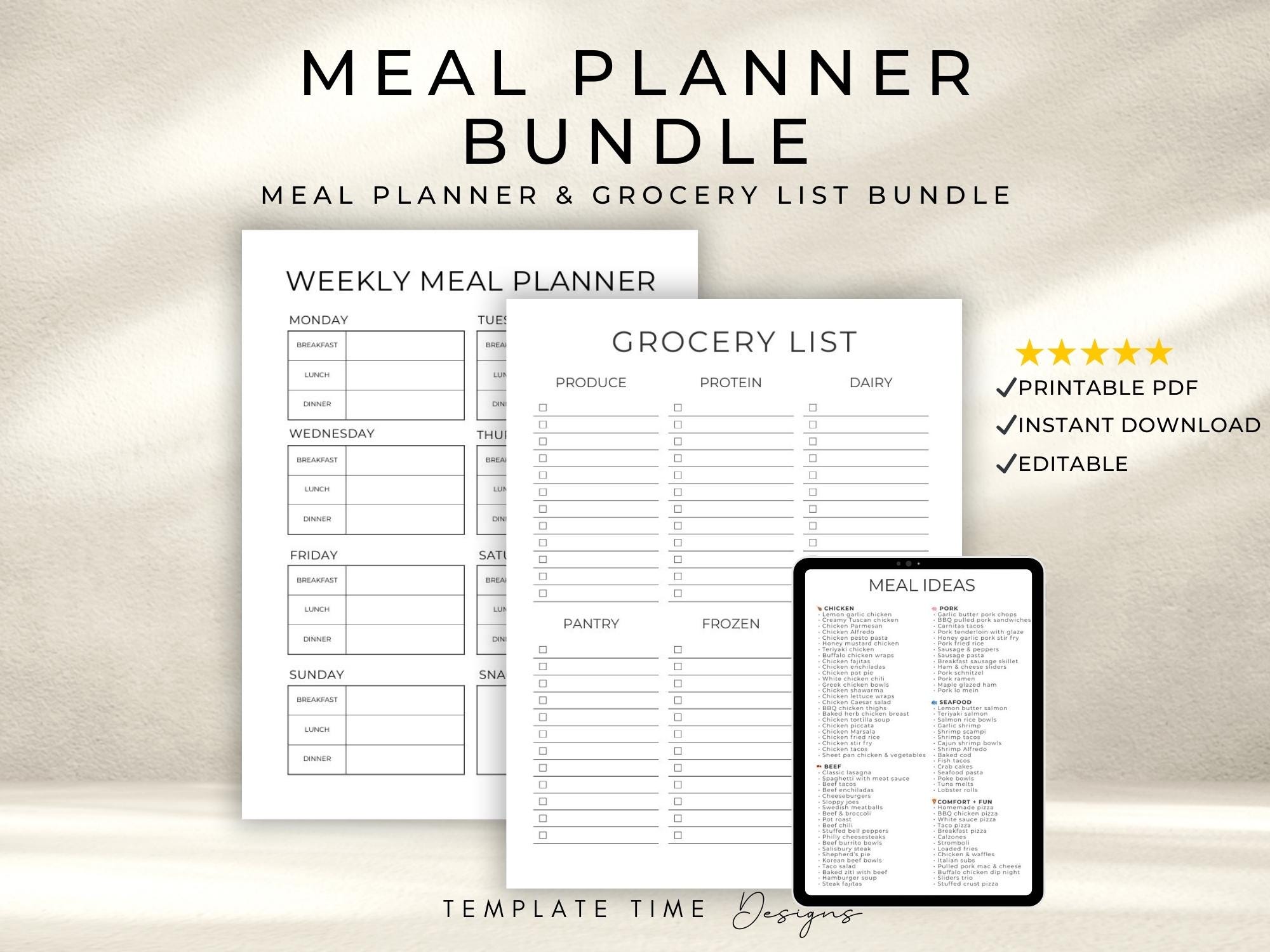 Weekly Meal Planner & Grocery List Bundle | Modern Minimal Meal Planner ...