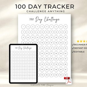 Op de afbeelding: Een witte 100 Day Tracker print met een bijpassende digitale versie op een tablet. De tracker heeft een raster van cirkels om de voortgang te markeren. Tekst bevat "100 Day Challenge" en "Challenge Anything."