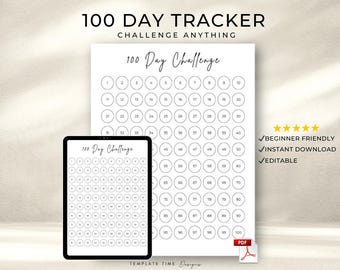 Niedliche 100 Tage Challenge Tracker | Habit Tracker Druckbare PDF | Bearbeitbarer Ziel-Tracker | iPad Planer | Sofort Download