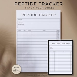Peut inclure: Un document papier blanc et un écran de tablette numérique affichant tous deux un modèle de suivi de peptides. La mise en page comprend des champs pour le peptide, le fournisseur et les instructions, suivis d'une grille avec des colonnes.
