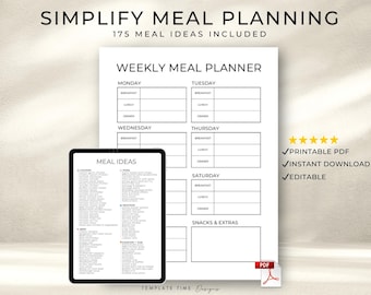 Wöchentlicher Essensplaner Printable | Moderner Minimal Mahlzeitenplaner | Bearbeitbarer Digitaler Mahlzeitenplaner für iPad | Clean Food Planer PDF Vorlage