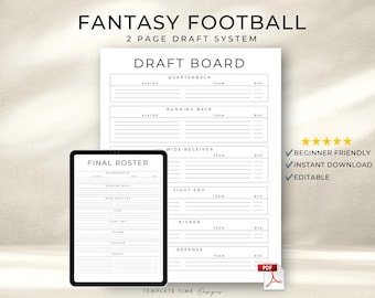 Fantasy-Football-Draftplan zum Ausdrucken | Spickzettel für den Draft-Tag & Kaderübersicht | 2-seitiger Fantasy-Draftplaner (PDF) | Sofort-Download