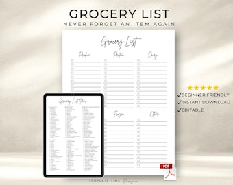 Druckbare Einkaufsliste Vorlage PDF | Bearbeitbare digitale Einkaufsliste für GoodNotes, Apple Books & Acrobat | Wöchentlicher Essensplaner zum Downloaden