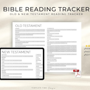 May include: A Bible reading tracker with the text "BIBLE READING TRACKER" and "OLD & NEW TESTAMENT READING TRACKER". The tracker is displayed on a white paper and a tablet, with the Old and New Testament sections. The PDF is printable, instantly downloadable, and editable.