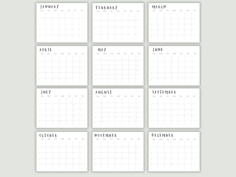 Months Chart Clean Monthly Calendar Printable | Clean Planner | Simple Productivity ...