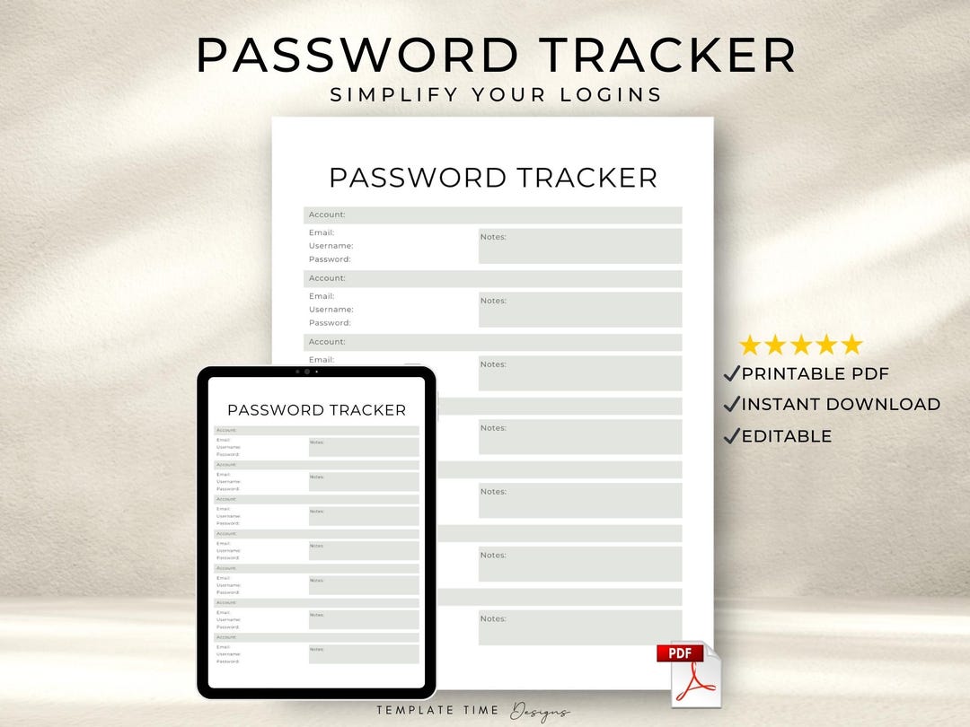 Printable Password Tracker Template PDF | Digital Password Log ...