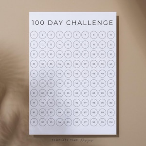Puede incluir: Un gráfico blanco de 100 Day Challenge con una cuadrícula de círculos numerados. El título "100 DAY CHALLENGE" está en la parte superior. Los números del 1 al 100 están dentro de los círculos, dispuestos en filas y columnas. El gráfico está sobre un fondo neutro.