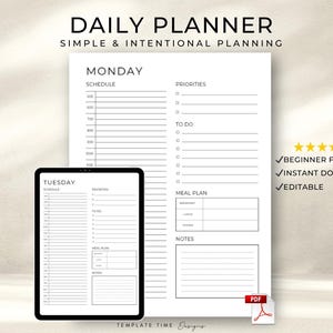 Peut inclure: Un planificateur quotidien numérique au design minimaliste. Le planificateur comprend des sections pour la planification, les priorités, les listes de tâches, la planification des repas et les notes. Une tablette affiche une mise en page similaire. Le texte sur l'image indique "Daily Planner".