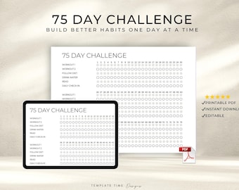 Minimalistischer 75 Tage Challenge Tracker Printable | 75 Weiche Challenge PDF | Bearbeitbarer Habit Tracker | Fitness-Challenge | Sofort Download