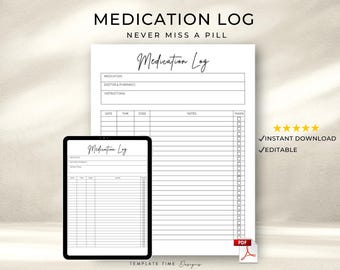 Niedliches Medikation Log zum Ausdrucken | Täglicher Pillen Tracker PDF | Bearbeitbarer Medikations-Tracker | Girly Gesundheitsplaner | Sofort Download