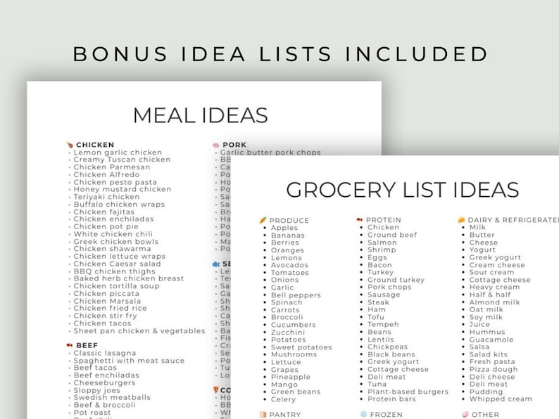 Weekly Meal Planner & Grocery List Bundle | Modern Minimal Meal Planner ...