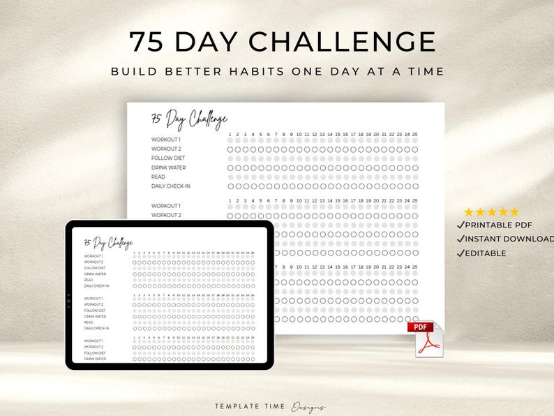 75 Day Challenge Tracker Printable | Cute Habit Tracker PDF | 75 Soft ...