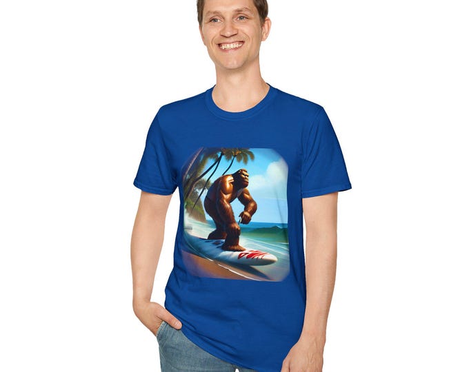 Surfer Riding Beach Break Unisex Softstyle T-Shirt, Big Goofy Foot Design, Casual Comfort Tee, 100% Cotton, Heather Colors, Sports Grey,