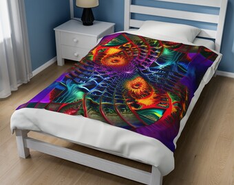 May include: A colorful psychedelic twin-sized bedspread with a swirling pattern of red, orange, yellow, green, blue, and purple.