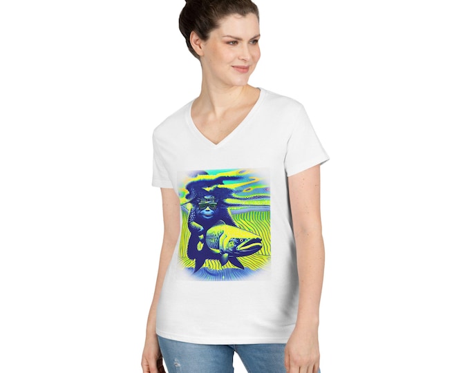 Sasquatch Fishing V-Neck Tee Shirt, Outdoors Women's Tshirt, Catch & Release Nature Lover Gift, Fishing Trip Apparel, Outdoor Adventure Top