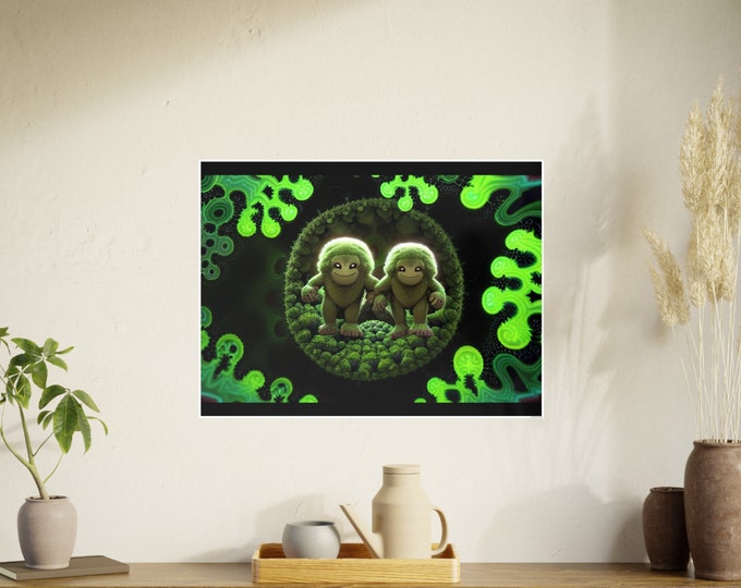 Mandelbrot Bigfoot Baby Bros poster print, Cute Fuzzy Forest Monster Art, Warm Fuzzy Vibe, Fearless Yeti Creature, Wall Art Decor, Nursery