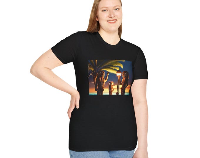 Hawaiian Tiki Torch Series Unisex Softstyle T-Shirt, Surfing Life Tee, Vintage Tiki Art Shirt, Tropical Aloha Top, Polynesian Bamboo Shirt