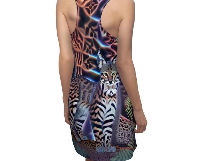 Lynx Bobcat Fractal Racerback Dress, Coastal Vibe, Women's Clothing, Tagless Sporty Fit, All Over Print Dress, West Coast Rainforest,